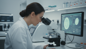 Embriologista utiliza inteligência artificial para analisar a qualidade de óvulos em laboratório de fertilidade.