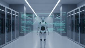 Robô humanoide em centro de dados futurista, analisando dados em um painel holográfico.