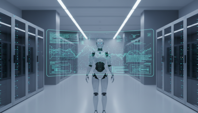 Robô humanoide em centro de dados futurista, analisando dados em um painel holográfico.