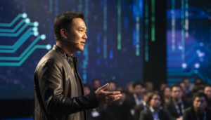 Jensen Huang, CEO da Nvidia, falando sobre Inteligência Artificial Geral em um evento tecnológico.