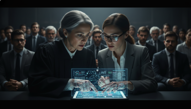 Juíza e advogada analisam dados de algoritmos em tribunal em 2026, ilustrando o desafio da IA na proteção jurídica do trabalho.