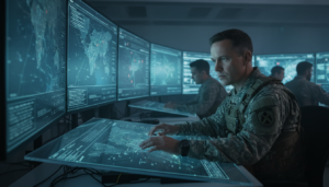 Centro de comando militar com telas exibindo dados de inteligência artificial em uso na guerra