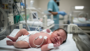 Bebê recém-nascido em UTI neonatal com equipamentos, expressando sutilmente dor, ilustrando a aplicação da inteligência artificial para detecção de dor.