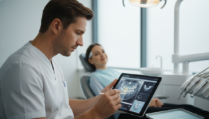 Dentista utilizando inteligência artificial para analisar imagens e planejar tratamento odontológico em um consultório moderno.