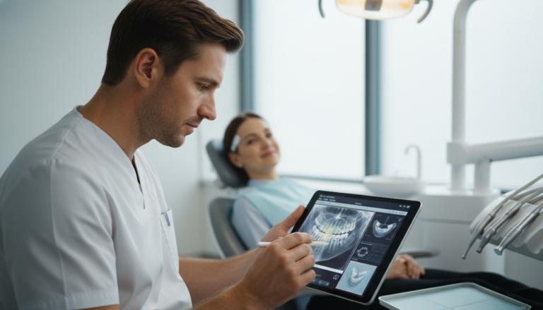 Dentista utilizando inteligência artificial para analisar imagens e planejar tratamento odontológico em um consultório moderno.