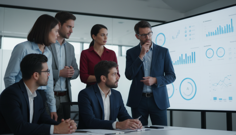 Líderes empresariais discutindo resultados de implementação de inteligência artificial em sala de conferências.