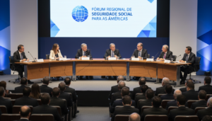 Painel de discussão sobre seguridade social e Inteligência Artificial em fórum internacional.