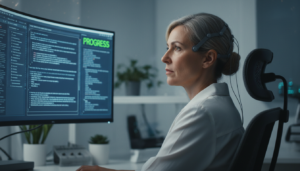 Mulher utilizando tecnologia de IA para ler seus pensamentos em uma tela