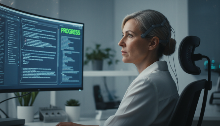 Mulher utilizando tecnologia de IA para ler seus pensamentos em uma tela