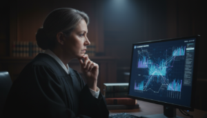 Magistrado analisando dados de inteligência artificial em tela de computador