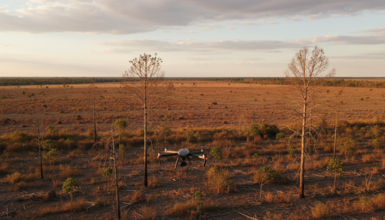 Drone monitorando áreas agrícolas abandonadas no Cerrado brasileiro, com foco em antigas plantações de eucalipto.
