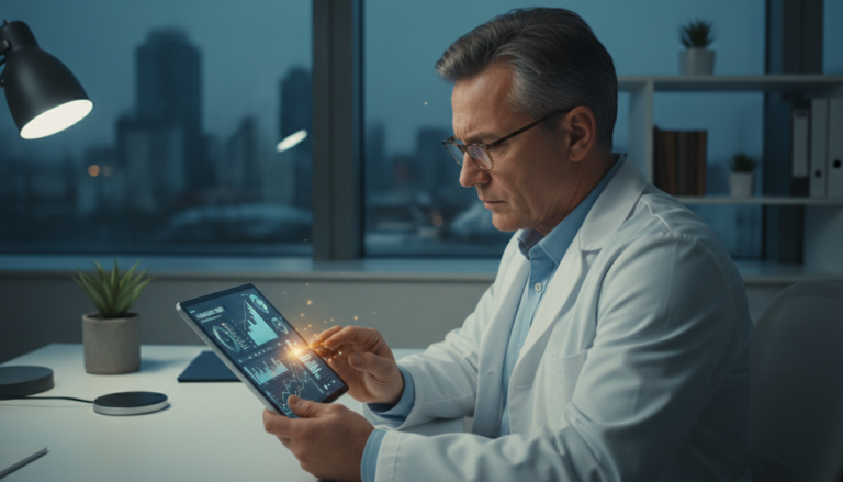 Médico analisando dados de IA em tablet