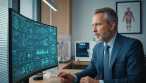 Médico analisando dados de inteligência artificial em consultório médico moderno.