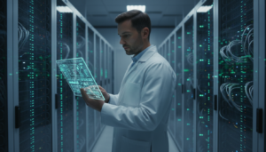 Sala de servidores com foco em inteligência artificial e tecnologia de ponta.