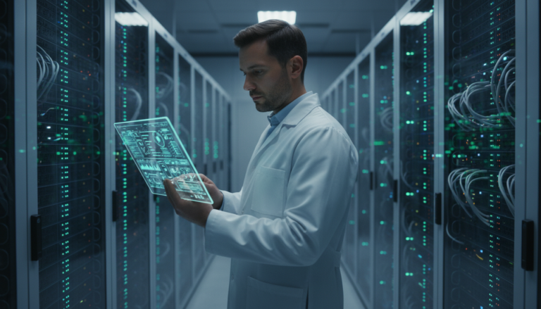 Sala de servidores com foco em inteligência artificial e tecnologia de ponta.