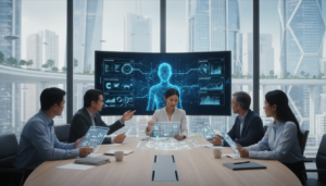 Profissionais colaborando em uma sala de reunião moderna em 2026, utilizando tecnologia de inteligência artificial para análise de dados.