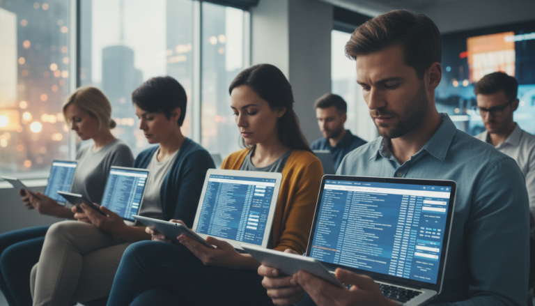 Pessoas interagindo com tecnologia de IA, sugerindo padronização de pensamento e expressão.
