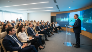 Auditório em fórum de educação executiva em Brasília, com profissionais atentos a um palestrante.