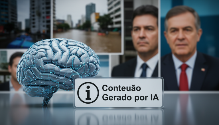 Representação visual da inteligência artificial com uma etiqueta de rotulagem obrigatória indicando conteúdo gerado artificialmente.