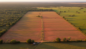 Vista aérea de terras agrícolas abandonadas e áreas de vegetação nativa no Cerrado brasileiro, destacando o contraste.