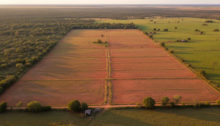 Vista aérea de terras agrícolas abandonadas e áreas de vegetação nativa no Cerrado brasileiro, destacando o contraste.
