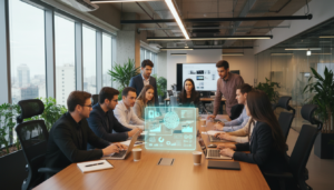Equipe de startup brasileira colaborando em um ambiente moderno com tecnologia de inteligência artificial.