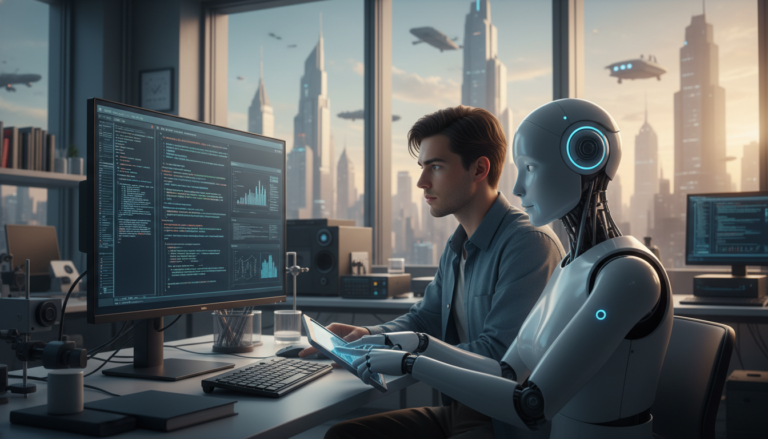 Estudante de pós-graduação colaborando com um robô humanoide em um laboratório de pesquisa.