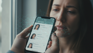 Pessoa usando aplicativo de namoro com inteligência artificial, exibindo cansaço emocional.