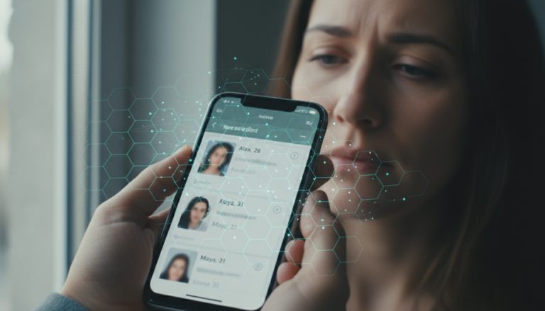 Pessoa usando aplicativo de namoro com inteligência artificial, exibindo cansaço emocional.