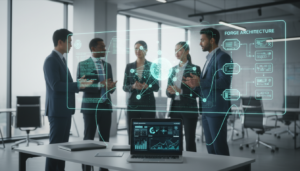 Representação visual do sistema Forge em um ambiente corporativo, mostrando modelos de IA e colaboração humana.