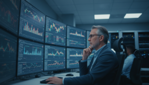 Analista financeiro observando gráficos de mercado de inteligência artificial em sala de controle