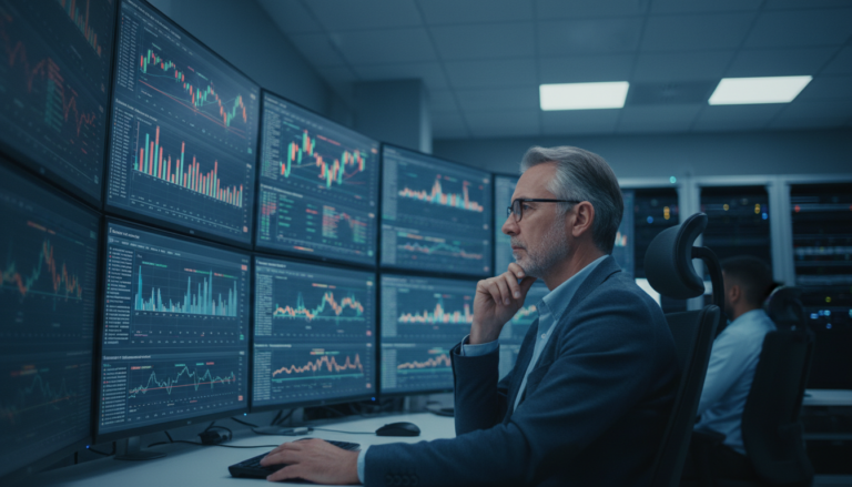 Analista financeiro observando gráficos de mercado de inteligência artificial em sala de controle