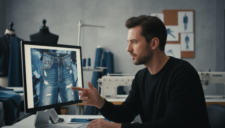 Designer trabalhando com ferramenta de IA para criação de padrões de denim