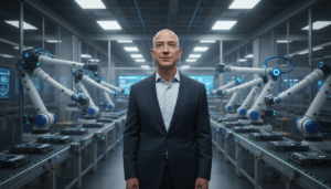 Jeff Bezos em fábrica com robôs e tecnologia de IA