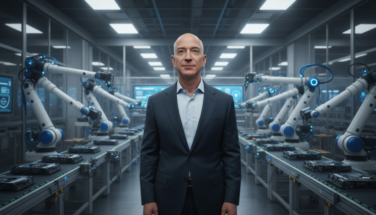 Jeff Bezos em fábrica com robôs e tecnologia de IA