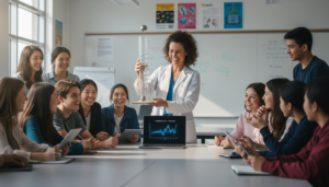 Professora de física ensinando com auxílio de tecnologia e experimento em sala de aula