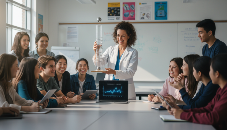 Professora de física ensinando com auxílio de tecnologia e experimento em sala de aula