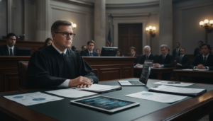Juiz em tribunal analisando documentos sobre lei de IA