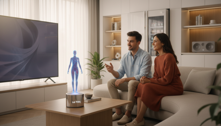 Casal interagindo com tecnologia LG ThinQ em casa inteligente