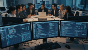Pesquisadores trabalhando em projetos de Inteligência Artificial aplicada ao Sistema de Justiça em um laboratório moderno.