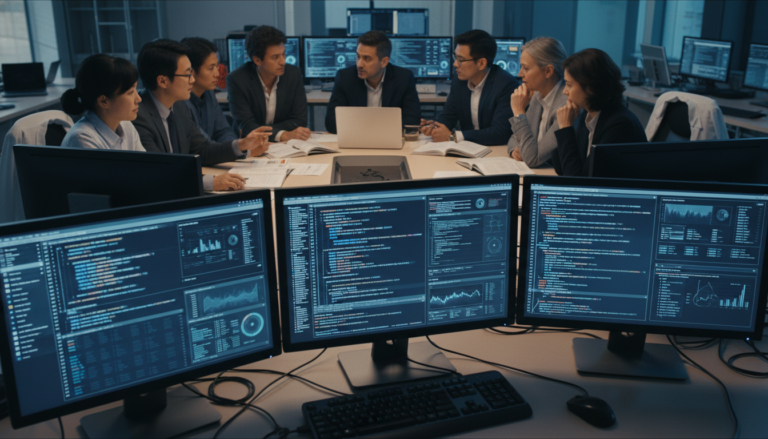 Pesquisadores trabalhando em projetos de Inteligência Artificial aplicada ao Sistema de Justiça em um laboratório moderno.