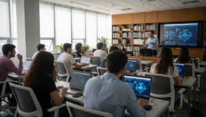 Estudantes e professor em sala de aula discutindo o uso de tecnologia