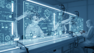 Linha de montagem digital com IA em laboratório de ciências da vida, exibindo dados de ensaios clínicos e análises regulatórias.