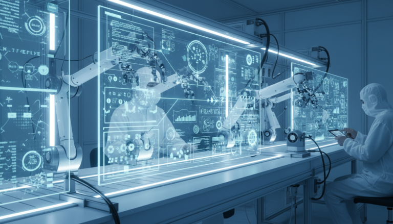 Linha de montagem digital com IA em laboratório de ciências da vida, exibindo dados de ensaios clínicos e análises regulatórias.