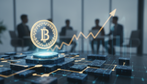 Representação visual de token digital sobre rede blockchain com IA, simbolizando a securitização autônoma da Liqi.