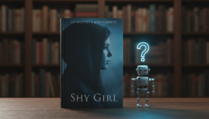 Livro 'Shy Girl' com um robô pensativo ao lado, simbolizando a suspeita de uso de inteligência artificial na sua criação.