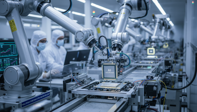 Fábrica de chips de IA na Malásia com robôs em operação