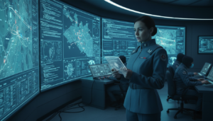 Oficial militar observando projeções de IA em sala de controle
