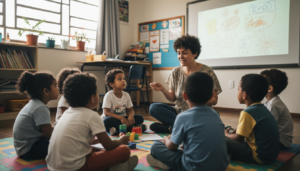 Professora interage com crianças em sala de aula, com quadro interativo ao fundo.