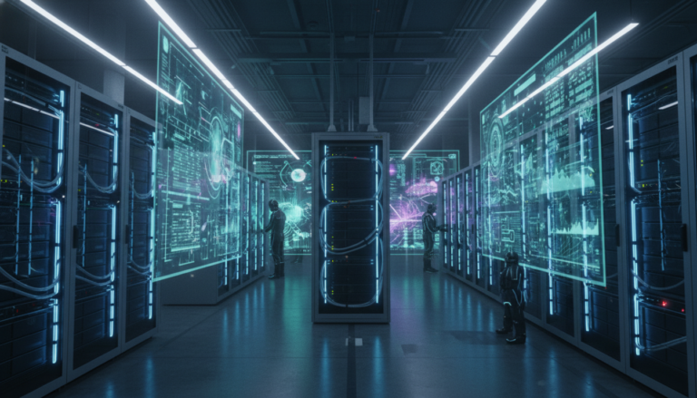 Centro de dados futurista com servidores iluminados e projeções de dados de IA.